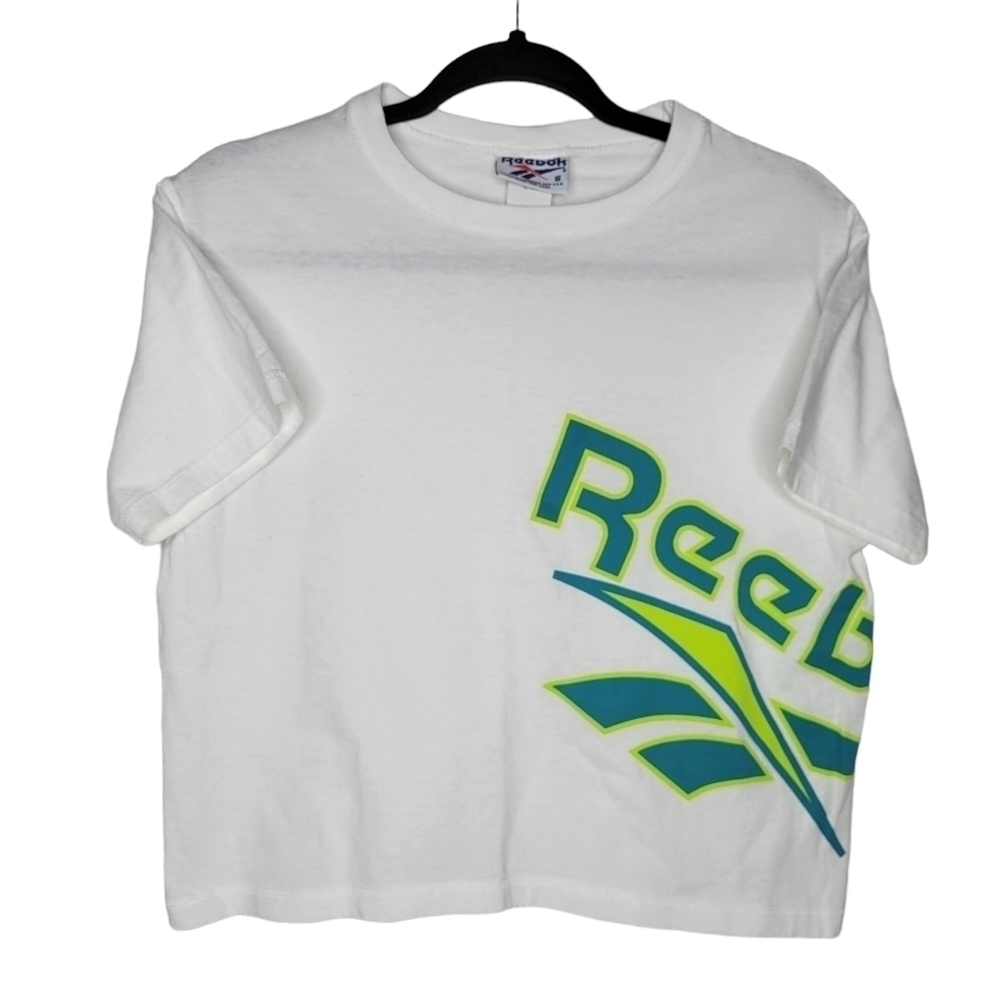 Vintage 90s Reebok Spellout Wrap Around Crop Top T-Shirt in White